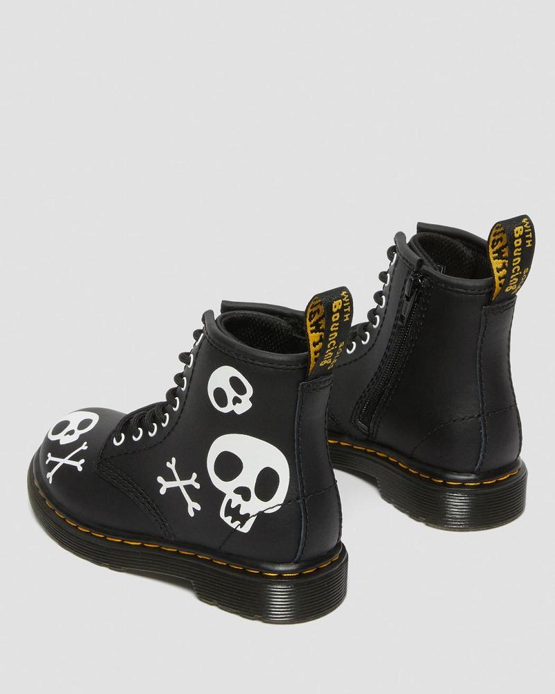 Black / White Kids' Dr Martens Toddler 1460 Skull & Bones Leather Lace Up Boots | CA 704AHK